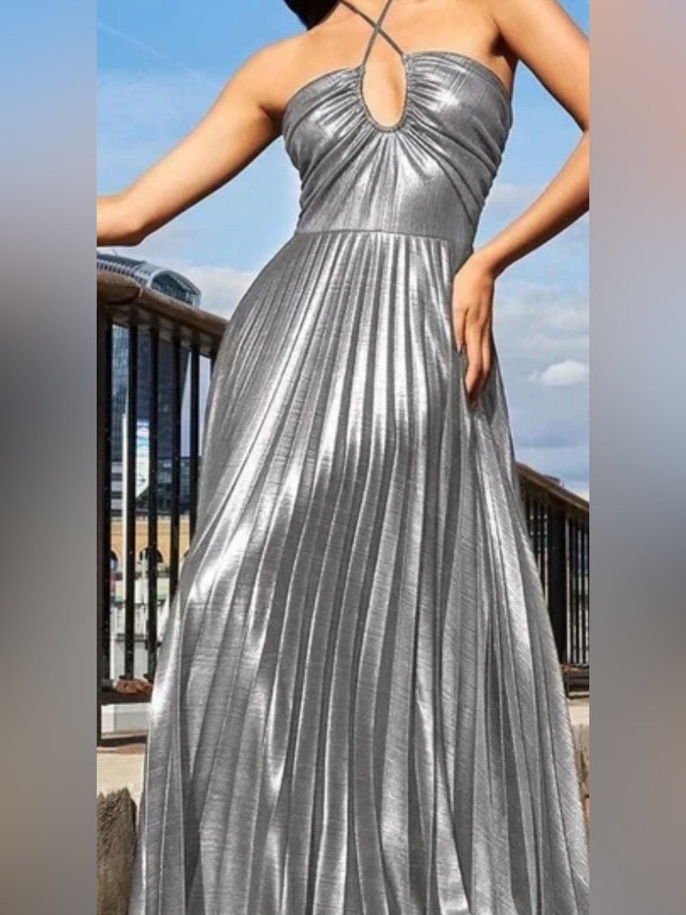 Diva Metallic Silver Pleated Halter Maxi Dress